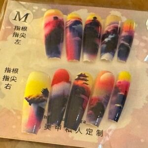 "Sunset Pagoda" Press-On Nail Set –‎ Hand-Painted Scenery, Mountain Silhouettes
